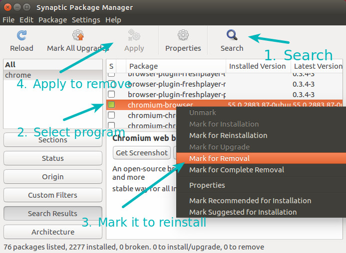 Using Synaptic to remove software in Ubuntu